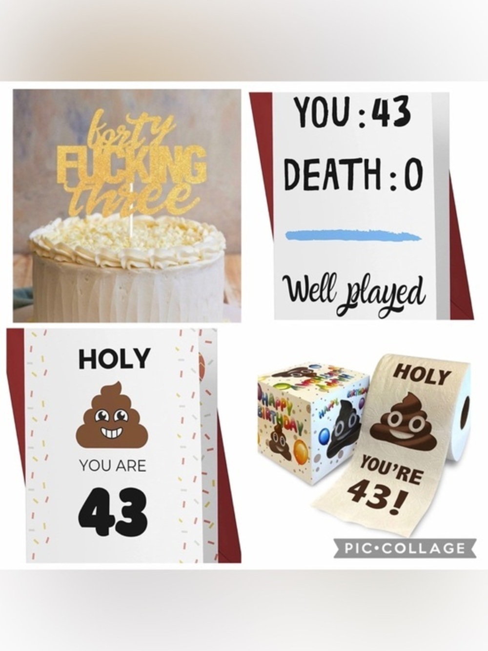 4-Piece 43rd Birthday Kit Cake Topper Gag Gift 2 Funny Birthday Cards